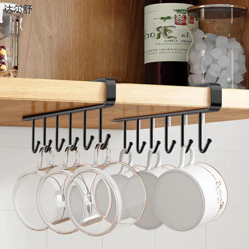 Household Kitchen Cabinet Bottom Shelf Hanging Hook, Non Perforated Cloth Rack, 6-Hook Organizing Rack, Spatula Hanging Rack