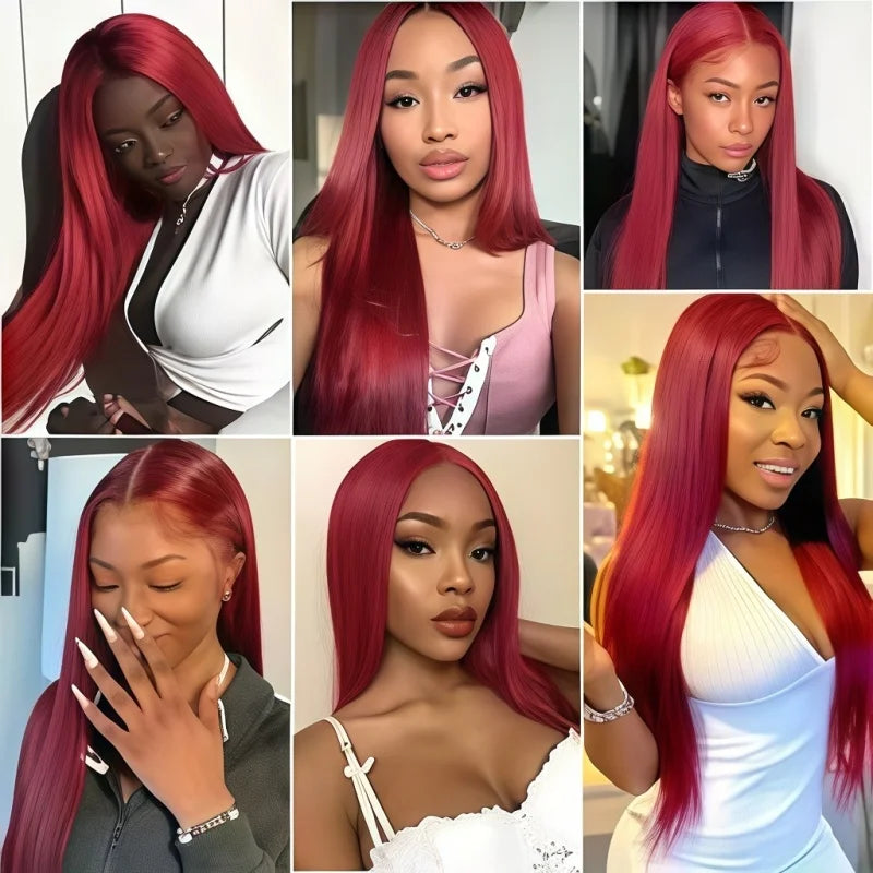 34 Inch 99J Burgundy Straight Brazilian Human Hair Wig 13x4 HD Transparent Lace Frontal Wig Pre Plucked Natural Hairline For Women