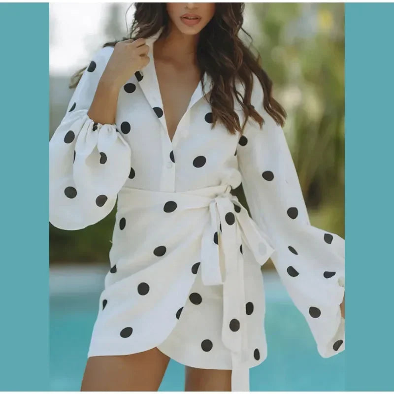 Casual White Polka Dot Print High Waist Mini Skirt Set Women Long Puff Sleeve Lapel Single Breast Lace-up Tops Set New Lady Wear