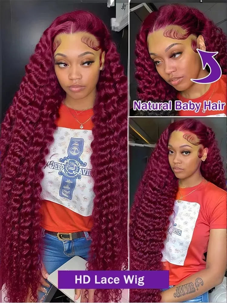 30 40 Inch Deep Wave 99J Burgundy 13x4 HD Lace Front Wig Human Hair Curly Water Wave 13x6 Hd Lace Frontal Brazilian Wigs 200 Density  99j Burgundy 13x6 Hd Lace Frontal Curly Human Hair Wig Red Wine