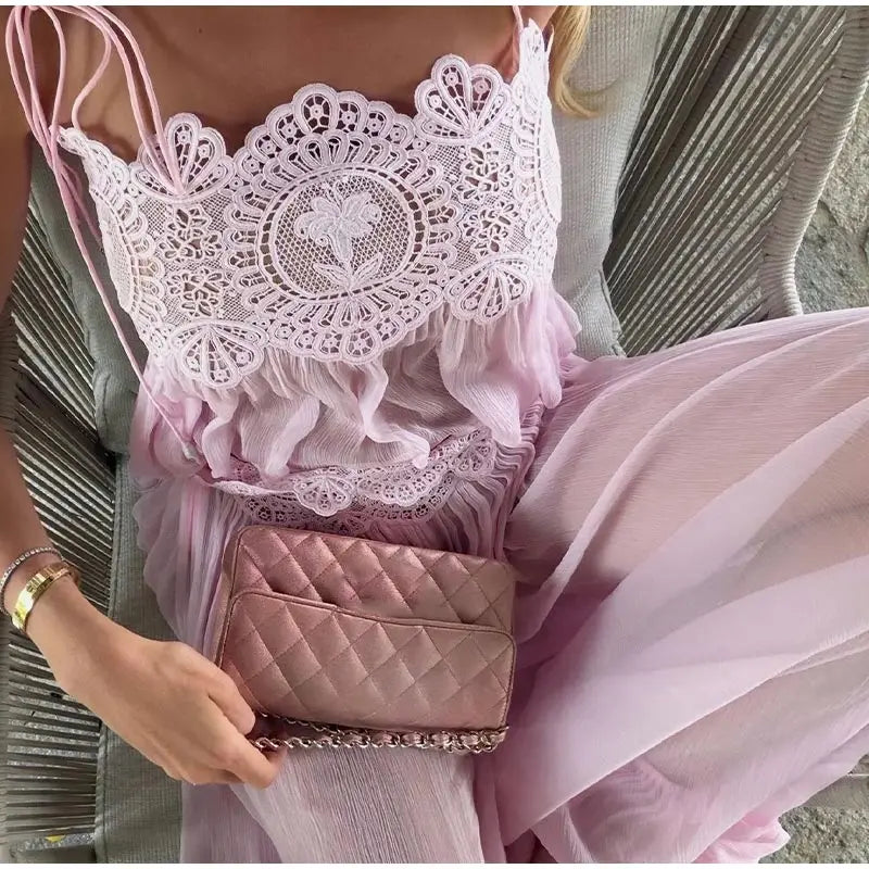 Beach Floral Lace Hollow Out Women's Pants Sets Ruffles Spaghetti Strap Crop Tops Loose Pleated Lantern Pant 2026 Summer Suits