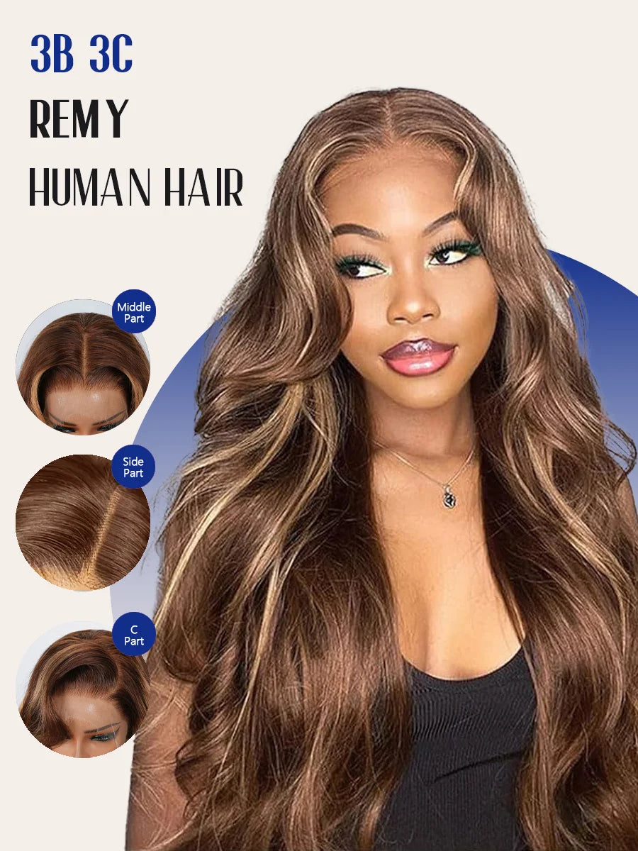 P4/27 Highlight Body Wave 40 Inch Long-length & 200% High Density Human Hair Wigs HD Transparent Skin-melt Swiss Lace Frontal Wig