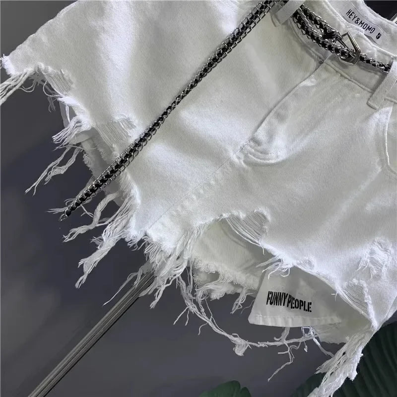 New Korean White Raw Irregular Denim Skirt Women's Anti-Walk Naked Hole Pocket Exposed Short Skirt