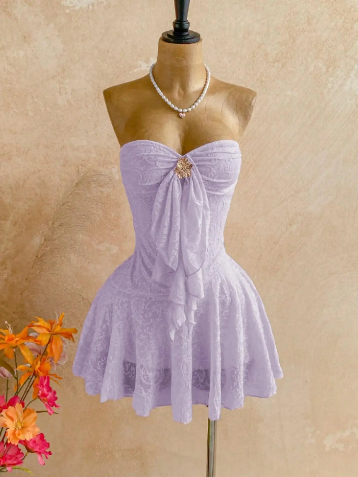 Women Sweetheart Strapless Embossed Lace Mini Night Dress, Front Ruffle Floral Brooch, Slim Fit Flared Skirt, Soft Cozy Loungewear, Nightwear, Feminine, Cute, Loungewear Nightdress