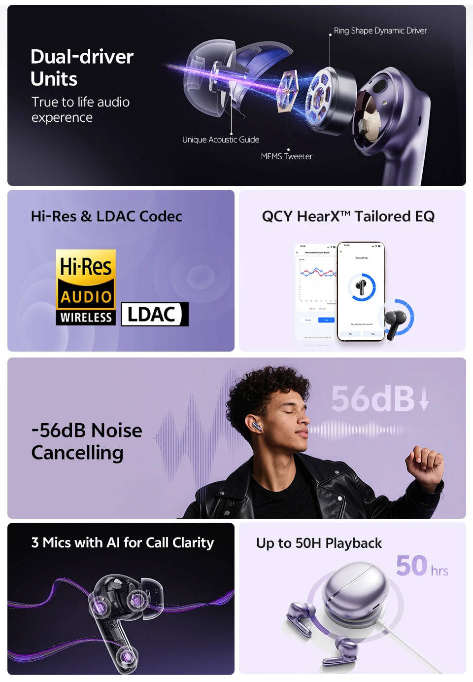 QCY MeloBuds N70 Adaptive ANC Wireless Earbuds Bluetooth 6.0 LDAC Hi-Res Audio 6 Mics Wireless Charging Earphones 50Hrs IPX5