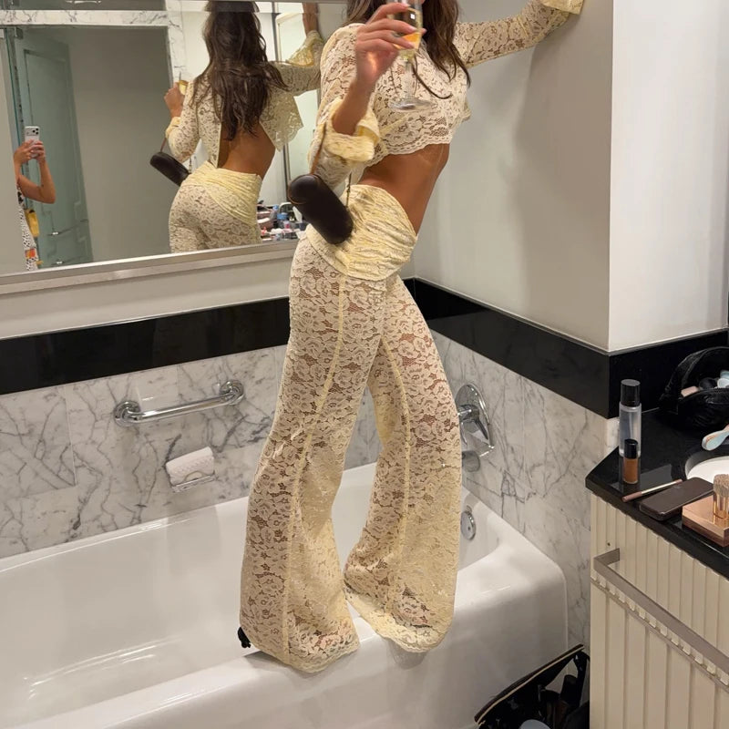 Hollow-out Embroidered Lace Two Piece Sets for Women Sexy O Neck Crop Top & Slim Pants Suit Spring Summer Party Clubwear Outfits