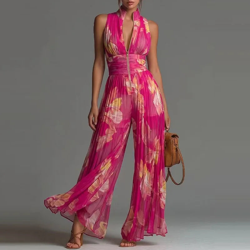 Spring Stand Collar Zipper Pleated Jumpsuit Women Elegant High Waist Wide Leg Long Pants Romper Summer Sleeveless Loose Overalls