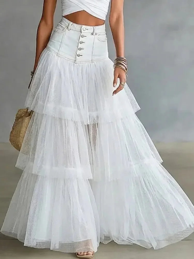 2026 Summer Women's Mesh Tiered Elegant High Waist Tulle Cake Skirt Large Swing Midi Skirt Casual Fairy Long Skirt New