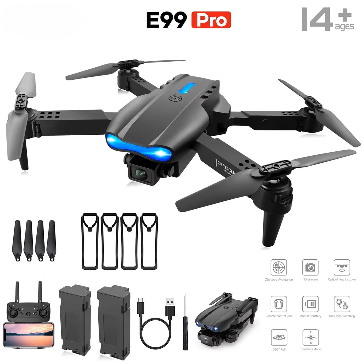 2026 New E99 PRO MAX Foldable Drone with Dual HD Camera, HD Screen Remote Control, 40min Flight Time with Extra Batteries, One Key Return Home, LED Lights, USB Charging, Easy to Fly for Beginners Adults, Ideal Christmas Holid