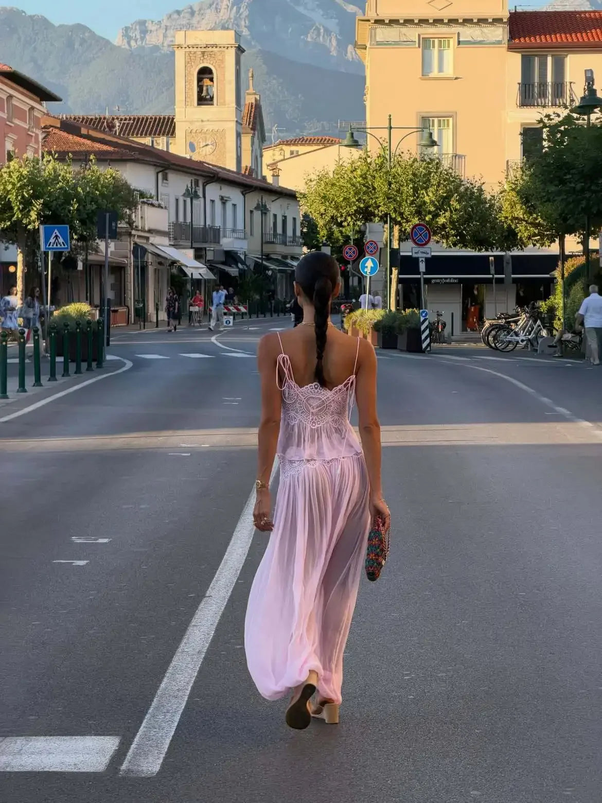Women's Floral Lace Sheer Tiered Skirt Set 2026 Summer Spaghetti Strap Ruffle Crop Top High Waist Maxi Beach 2 Piece Dress