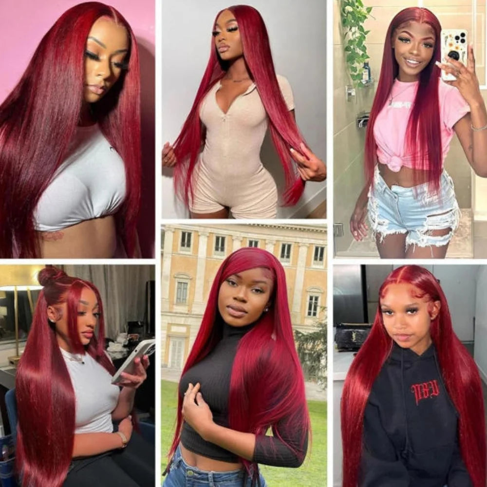 34 Inch 99J Burgundy Straight Brazilian Human Hair Wig 13x4 HD Transparent Lace Frontal Wig Pre Plucked Natural Hairline For Women