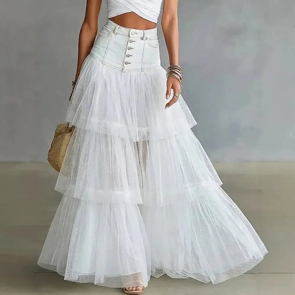 2026 Summer Women's Mesh Tiered Elegant High Waist Tulle Cake Skirt Large Swing Midi Skirt Casual Fairy Long Skirt New