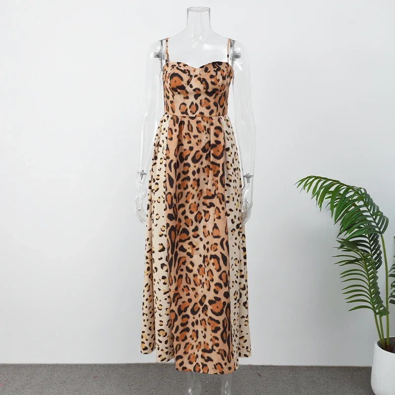 Leopard Print Sleeveless Sling Dress For Women Fashion Chic Backless A Line Dresses 2025 Elegant Female High Street Vestidos