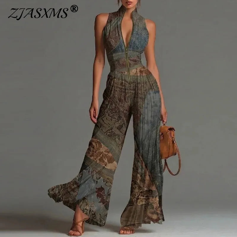 Spring Stand Collar Zipper Pleated Jumpsuit Women Elegant High Waist Wide Leg Long Pants Romper Summer Sleeveless Loose Overalls