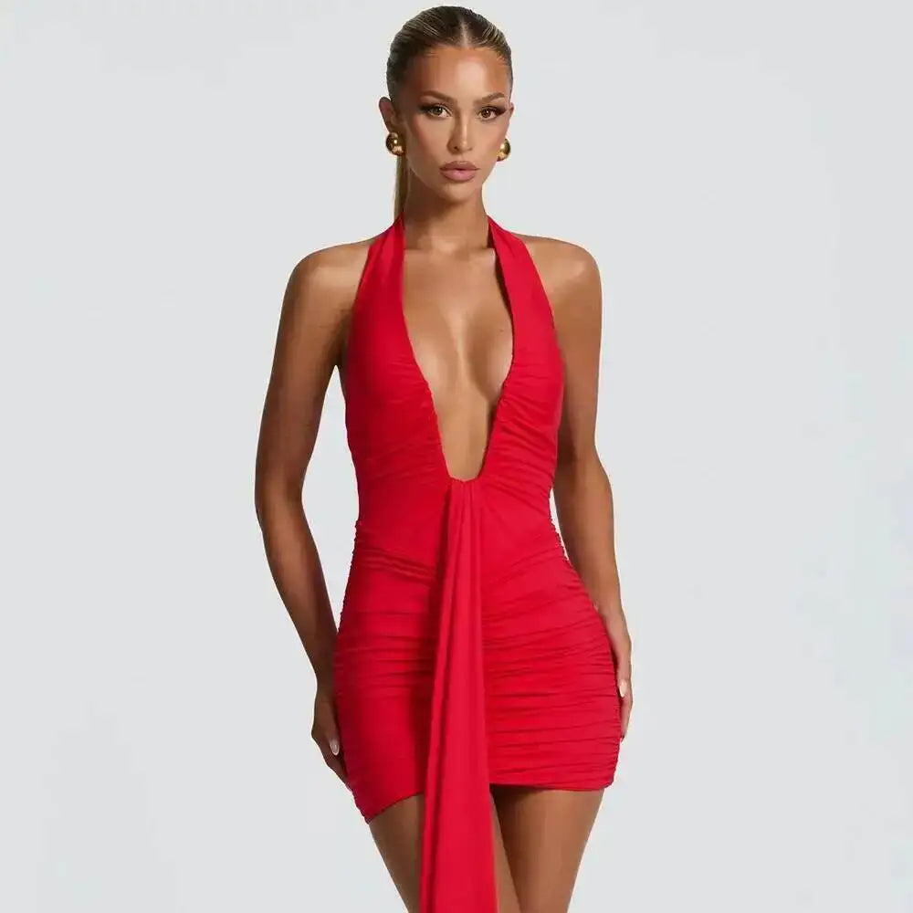 Avrilyaan Leopard Print Halter Pleated Ribbon Dress Women Mini 2025 Summer Dress Deep V Backless Sexy Party Dresses Vestidos