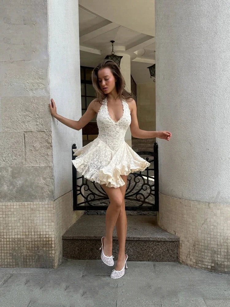 V Neck Halter Lace Mini Skirt Women Fashion Waist Cinched A Line Dress Backless Sleeveless Short Vestidos Summer Lady Dresses