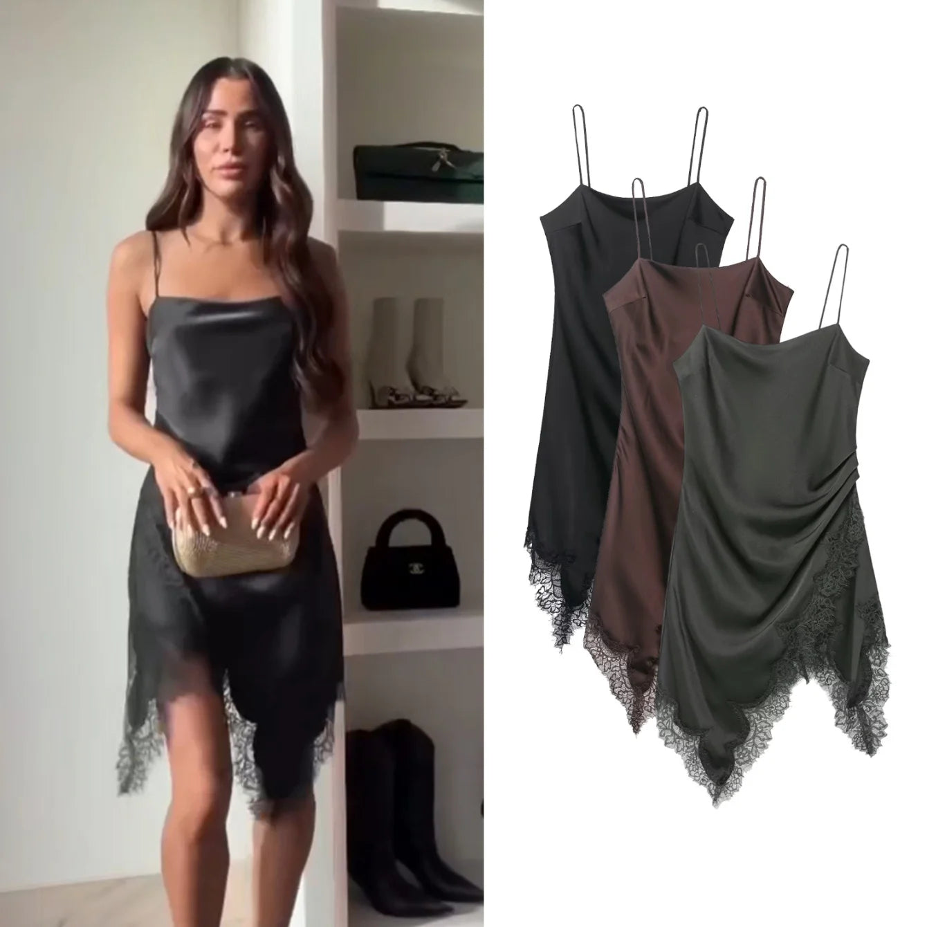 Women Lace Sling Strapless Dress Female Fashion Summer Asymmetric Satin Mini Dresses Chic Lady Evening Dress