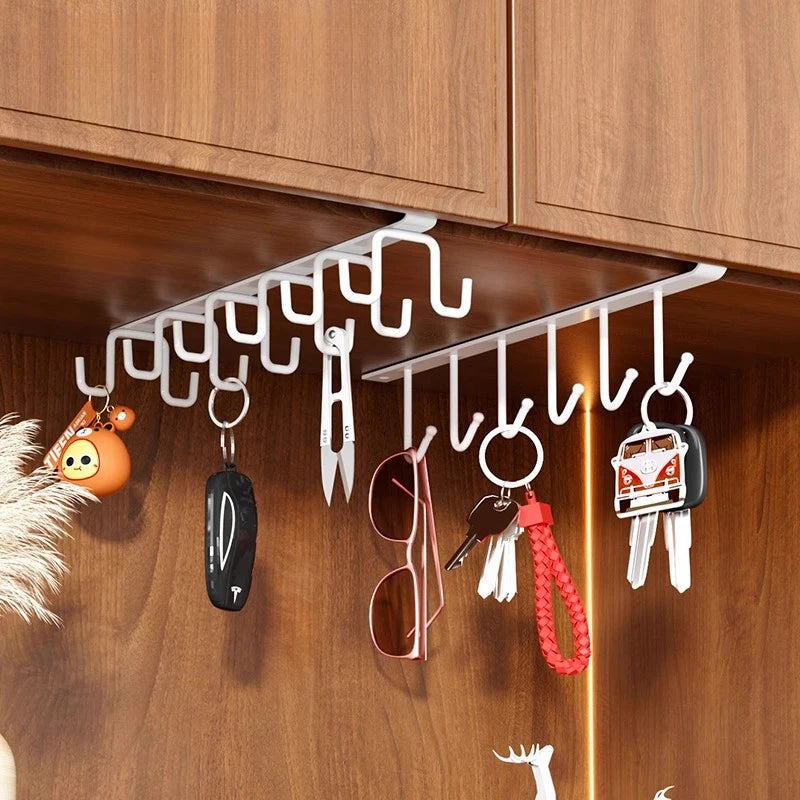 Household Kitchen Cabinet Bottom Shelf Hanging Hook, Non Perforated Cloth Rack, 6-Hook Organizing Rack, Spatula Hanging Rack