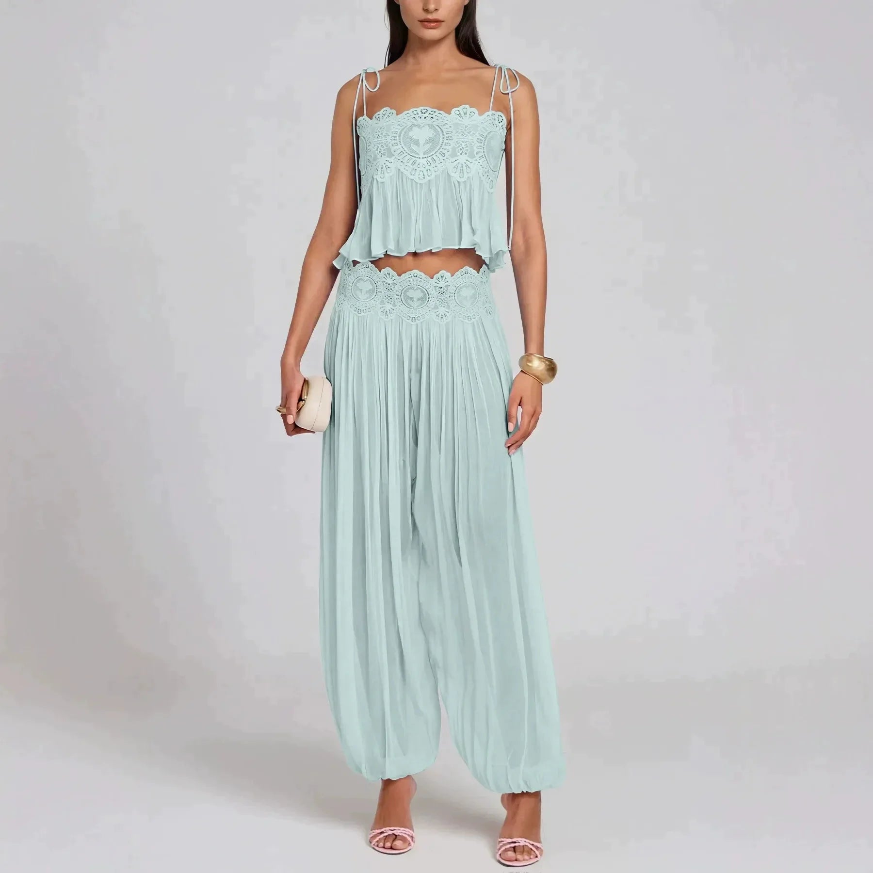 Women's Floral Lace Sheer Tiered Skirt Set 2026 Summer Spaghetti Strap Ruffle Crop Top High Waist Maxi Beach 2 Piece Dress
