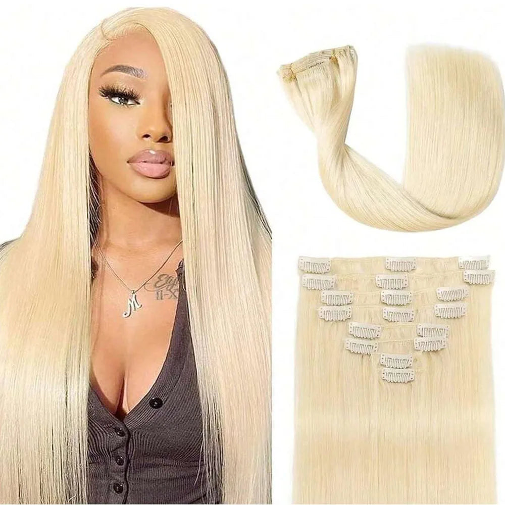 8pcs Clip In Hair Extensions Real Human Hair Clip Ins Human Hair Extension With 18 Clips Double Weft For Women Blonde Color #613