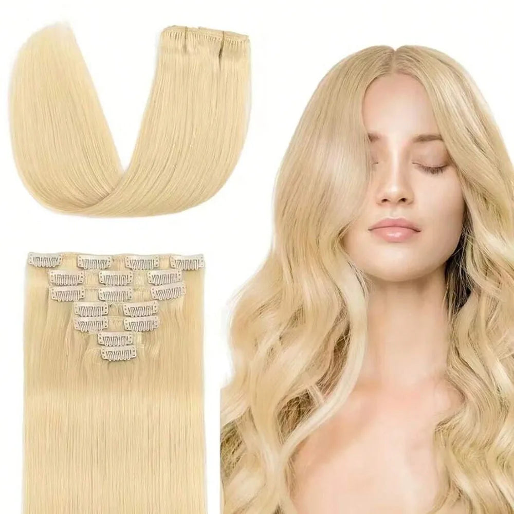8pcs Clip In Hair Extensions Real Human Hair Clip Ins Human Hair Extension With 18 Clips Double Weft For Women Blonde Color #613