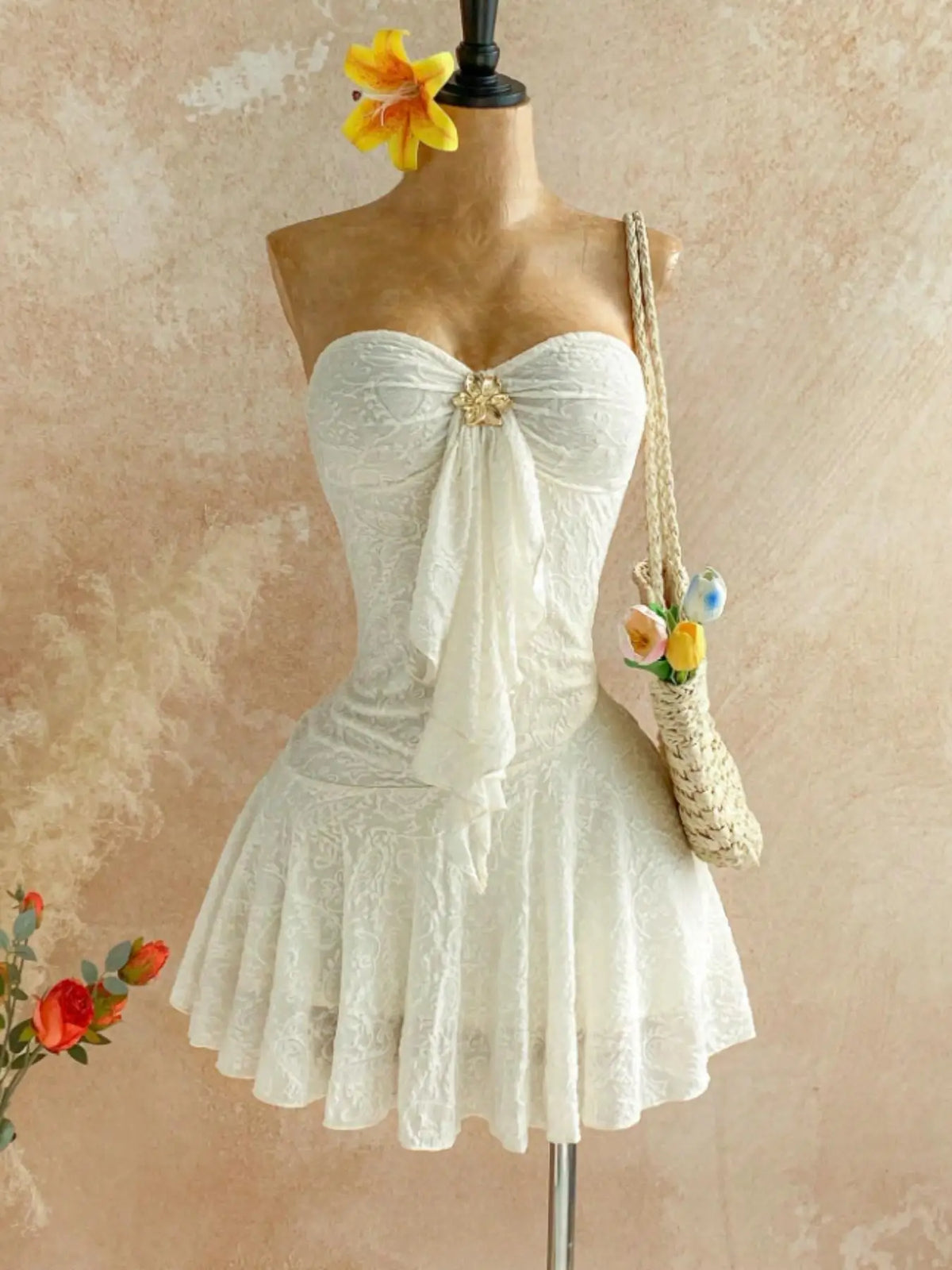 Women Sweetheart Strapless Embossed Lace Mini Night Dress, Front Ruffle Floral Brooch, Slim Fit Flared Skirt, Soft Cozy Loungewear, Nightwear, Feminine, Cute, Loungewear Nightdress