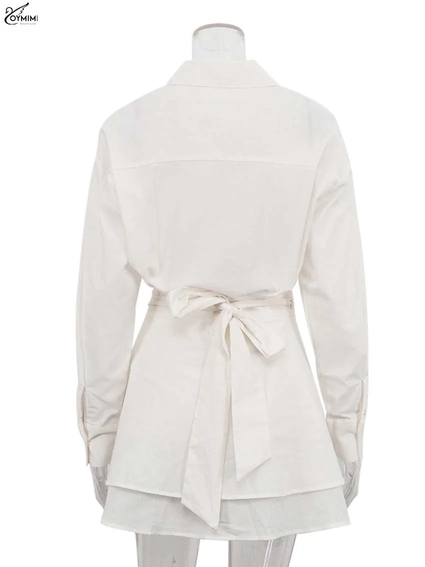 Oymimi Elegant Beige Cotton Two Piece Set For Woman Fashion Long Sleeve Button Shirts And High Waist Lace-Up Mini Skirts Sets