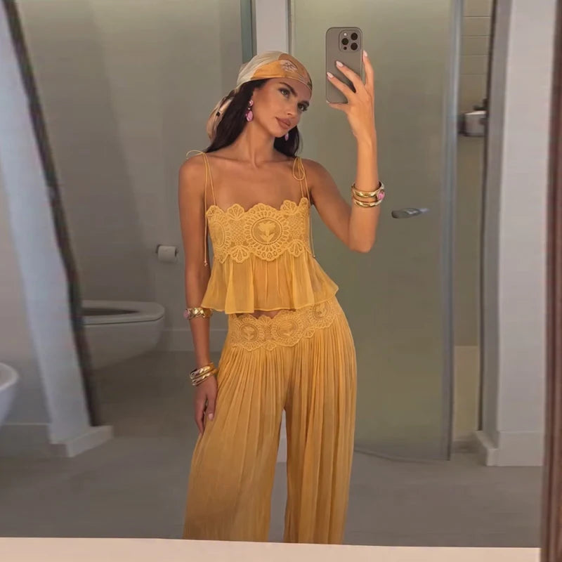 Beach Floral Lace Hollow Out Women's Pants Sets Ruffles Spaghetti Strap Crop Tops Loose Pleated Lantern Pant 2026 Summer Suits