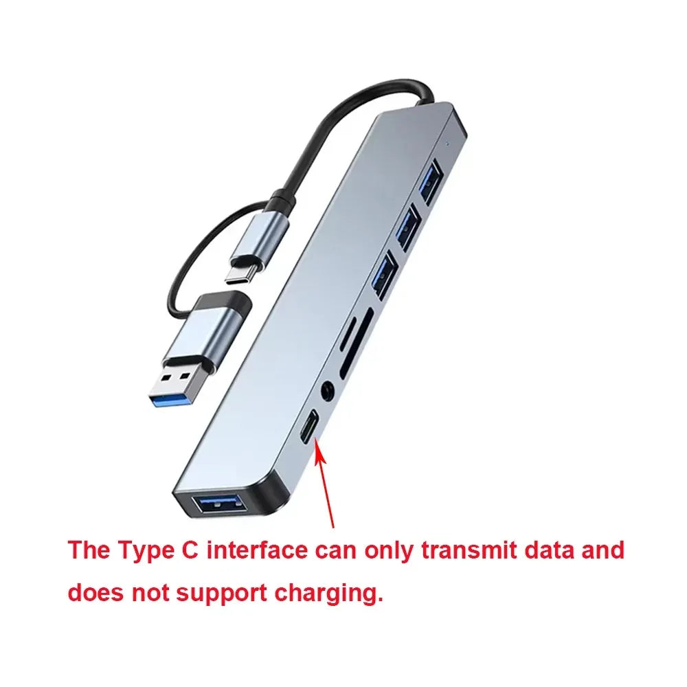 8 in 2 Type C USB HUB Docking Station with 3.5mm Audio Jack for Micro SD Card Reader MacBook Laptop Tablet Phone Disk Converter