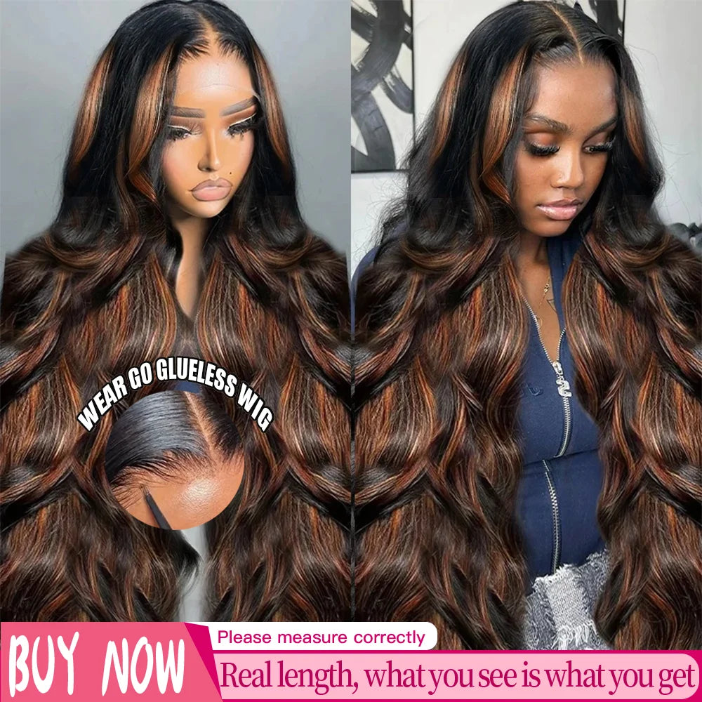 Ombre Highlight 13X6 Body Wave Lace Front Wigs Human Hair 1B/30 Brown Colored HD Transparent Lace Frontal Wigs Pre Plucked 180% Density 30 Inch Balayage Glueless Wig for Women