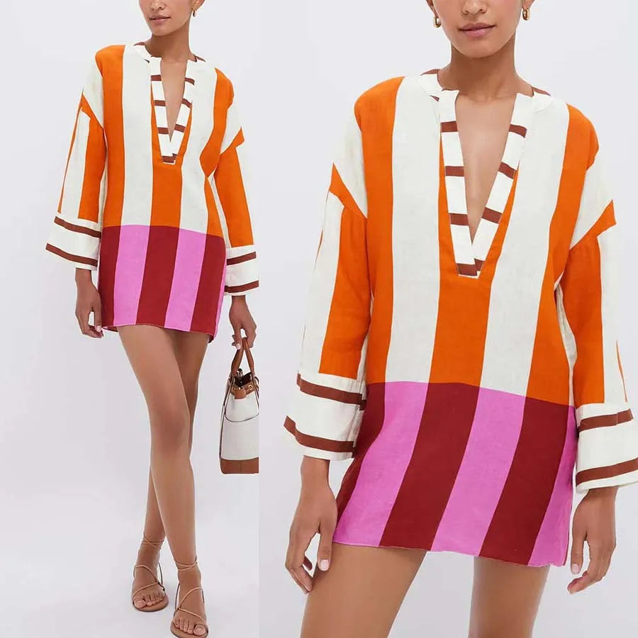 Autumn Winter Women Linen Material Mini Dresses Print Sexy V-neck Hollow Out Long Sleeves Robeson Beach Party Female Dresses