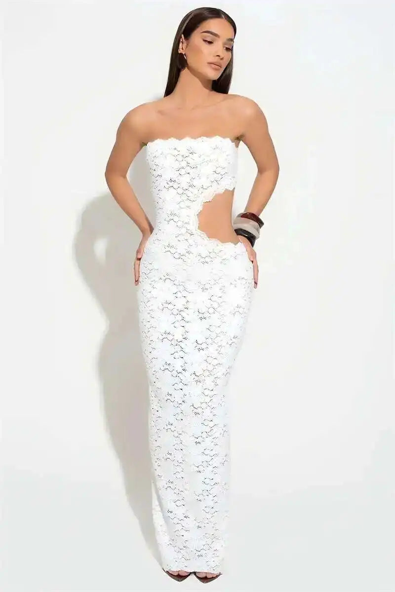 Blifanbo Backless Sexy Off-shoulder Maxi Dress Women Lace Sleeveless Strapless Hollow Out Skinny Club Party Long Dress Elegant