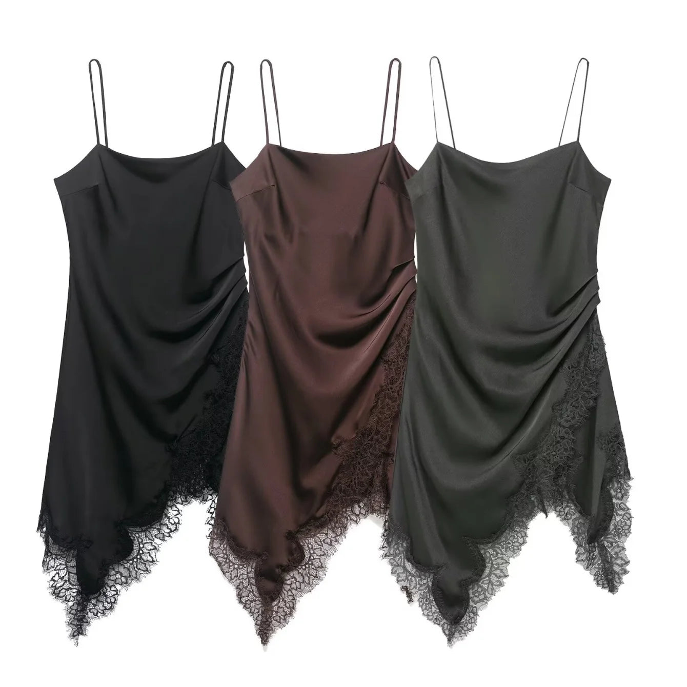 Women Lace Sling Strapless Dress Female Fashion Summer Asymmetric Satin Mini Dresses Chic Lady Evening Dress