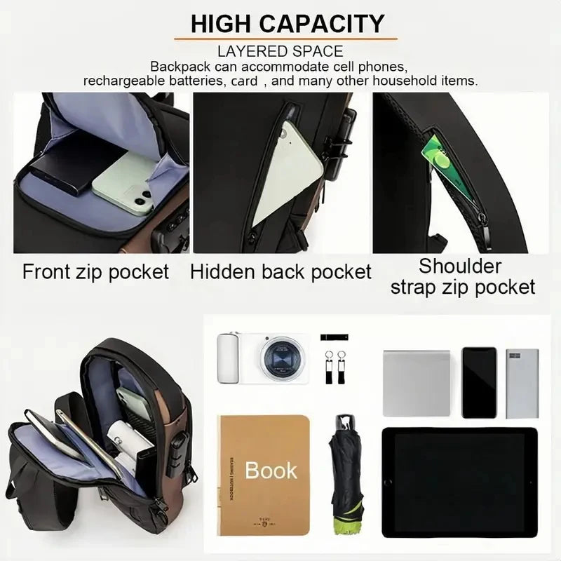 Men's anti-theft chest bag, fashionable motorcycle and casual sports sloping backpack, durable Oxford fabric