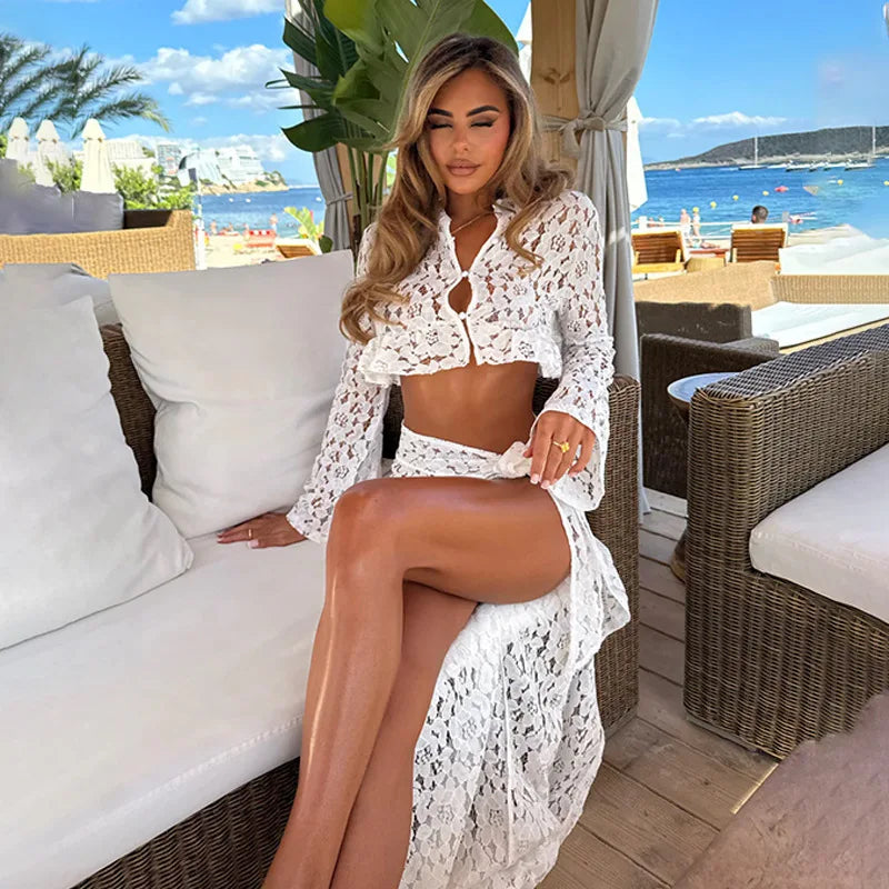 hirigin Sexy Lace Skirt Sets Women's Flare Sleeve Crop Top Slit Bandage Long Skirts Cover Up Fashion Beach Vacation Cover-up