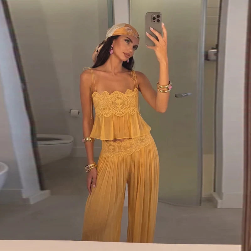 Beach Floral Lace Hollow Out Women's Pants Sets Ruffles Spaghetti Strap Crop Tops Loose Pleated Lantern Pant 2026 Summer Suits