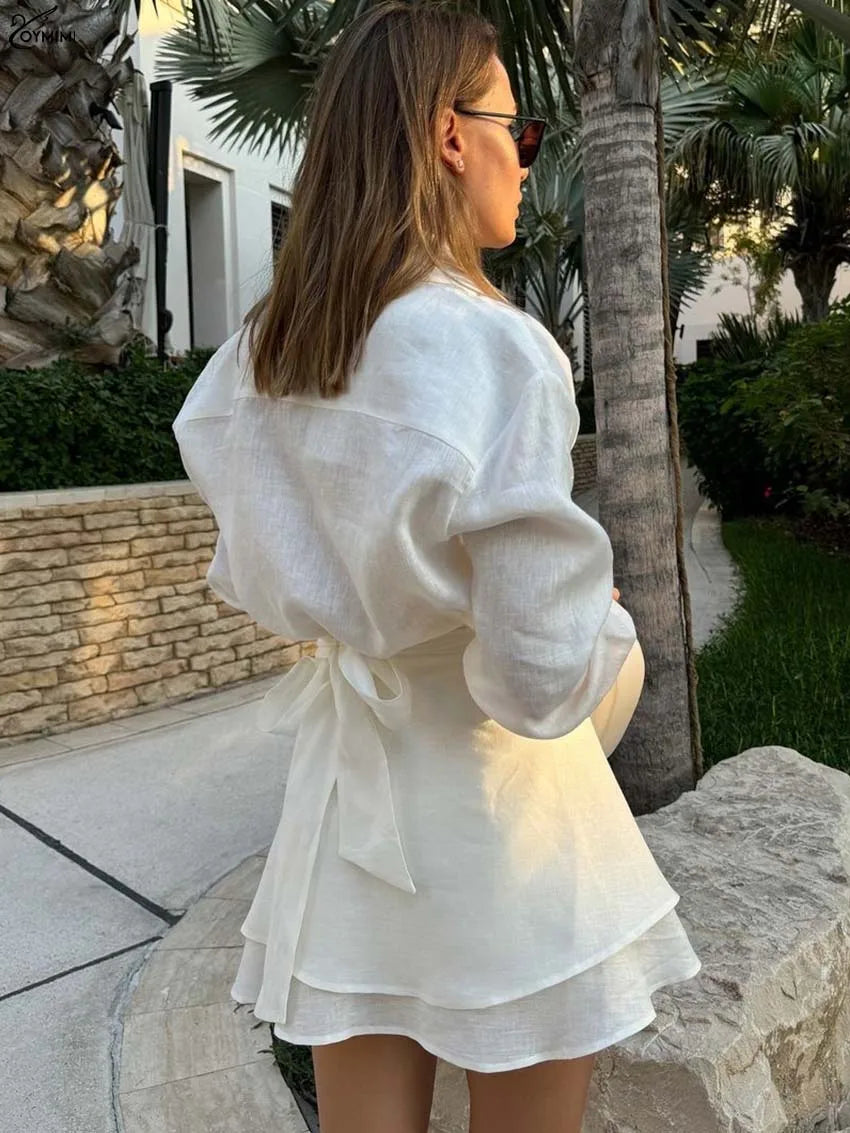 Oymimi Elegant Beige Cotton Two Piece Set For Woman Fashion Long Sleeve Button Shirts And High Waist Lace-Up Mini Skirts Sets