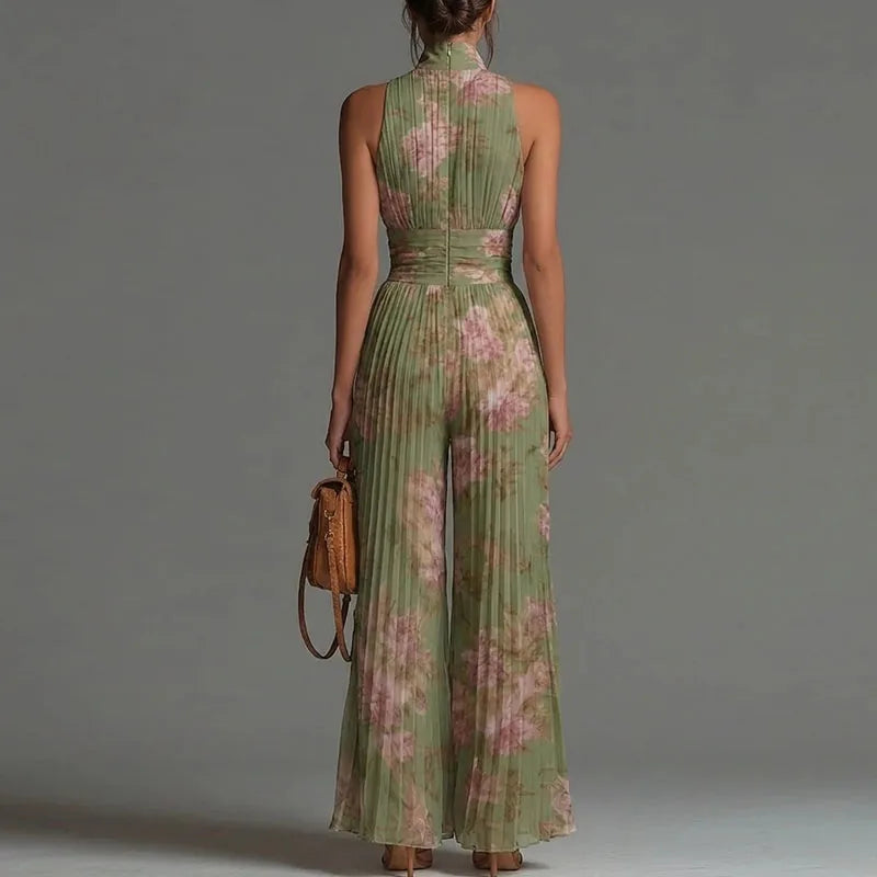 Spring Stand Collar Zipper Pleated Jumpsuit Women Elegant High Waist Wide Leg Long Pants Romper Summer Sleeveless Loose Overalls