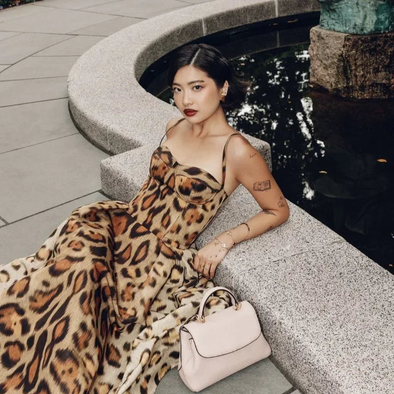 Leopard Print Sleeveless Sling Dress For Women Fashion Chic Backless A Line Dresses 2025 Elegant Female High Street Vestidos