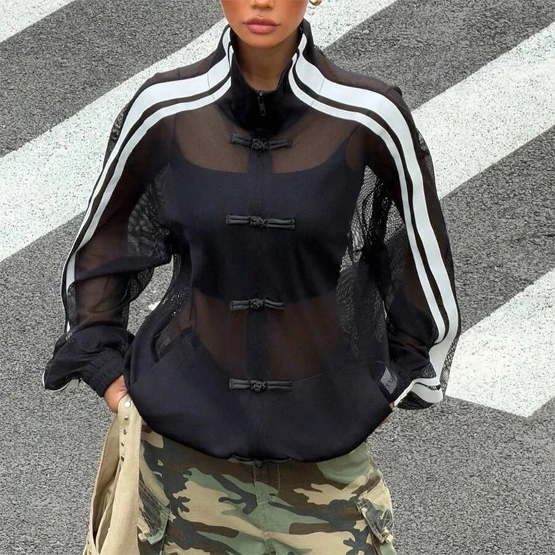 Summer Women's Y2K Streetwear Vintage Chinese Style Sheer Mesh Stand Collar Long Sleeve Loose Side Stripe Frog Button Jacket