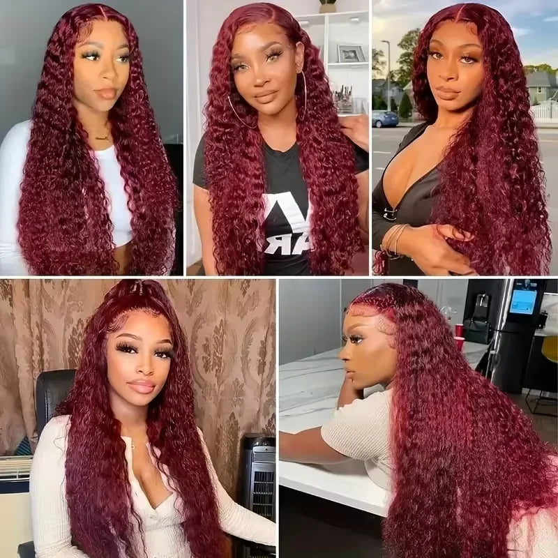 99J Burgundy 13x6 Deep Wave Lace Frontal Human Hair Wig 13x4 Curly Wigs Deep Wave Lace Frontal Wigs Red Colored Human Hair Wigs