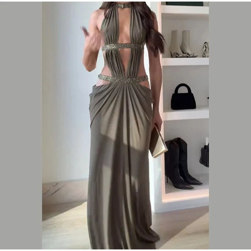 Hollow Out Halter Maxi Dress Sexy Pleated Solid Sleeveless Off Shoulder Backless Slim Women Dresses Fashion Party Gowns