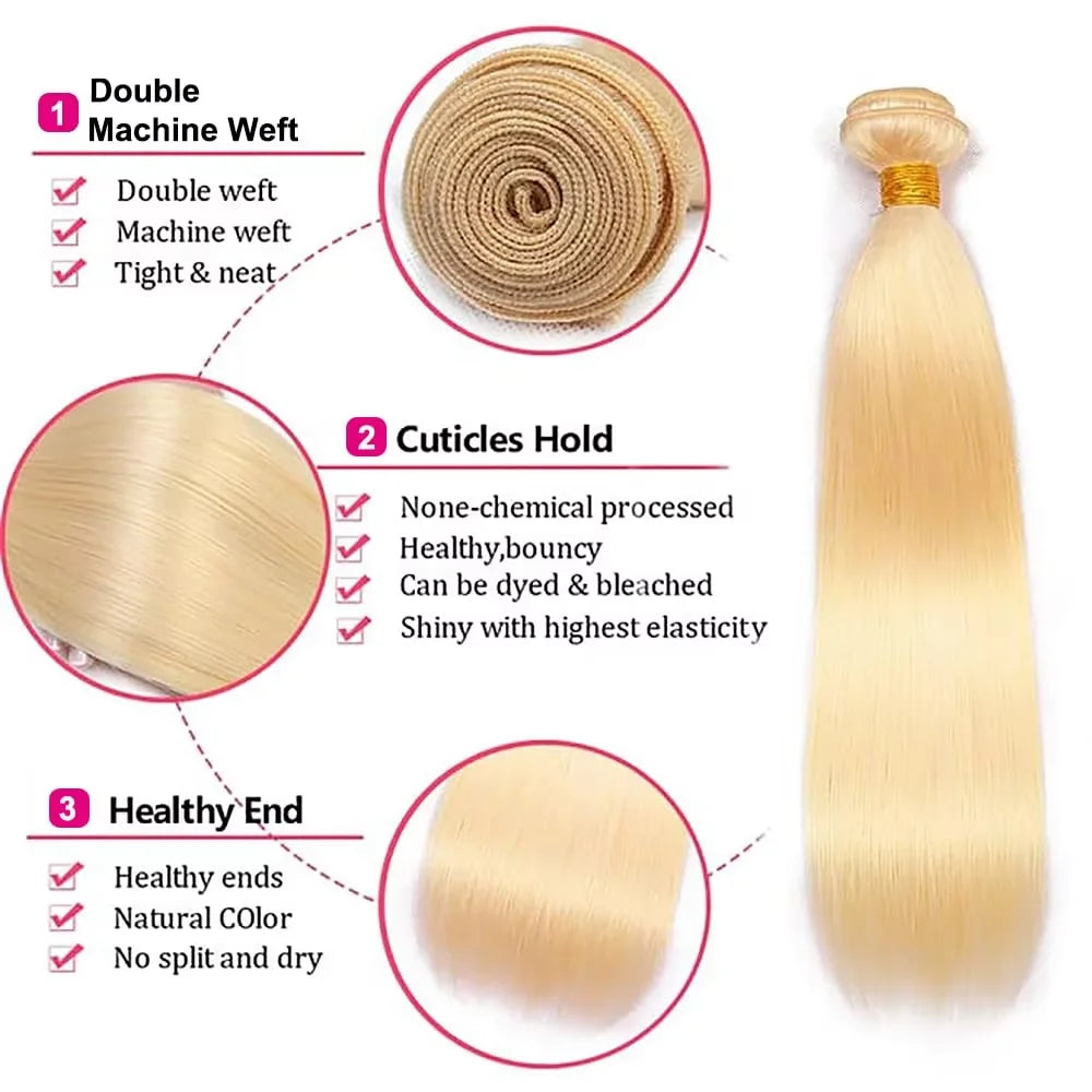 1/3/4 Brazilian Hair Bundles Bone 613 Honey Blonde Straight Weave Remy Human Hair Double Weft 30 36 40 Inch Bundle Weaving