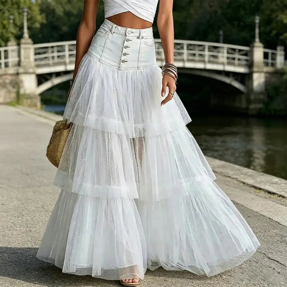 Maxi Skirt Women Skirt Women’s High Waist Mesh Skirt Breathable Patchwork Maxi Versatile Wedding Night Out Summer Mesh Skirts