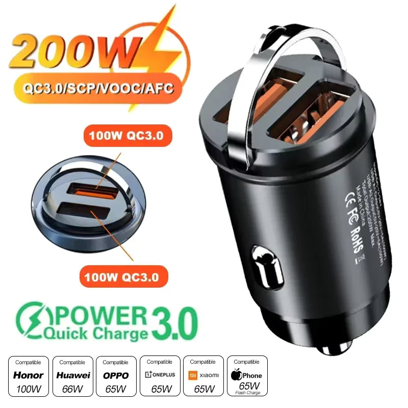 2026Car 200W Dual Port Mini USB Charger Ultra Fast Charging Cigarette Lighter Socket 12-24V Aluminum Cell Phone Charging Adapter