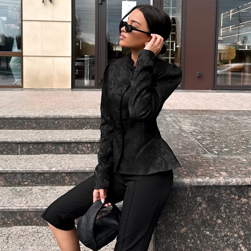 Solid Color Jacquard Glossy Satin Tops Women Chic Stand Collar Single Breasted Slim Fit Short Coats 2026 Lady Daily Outwear New
