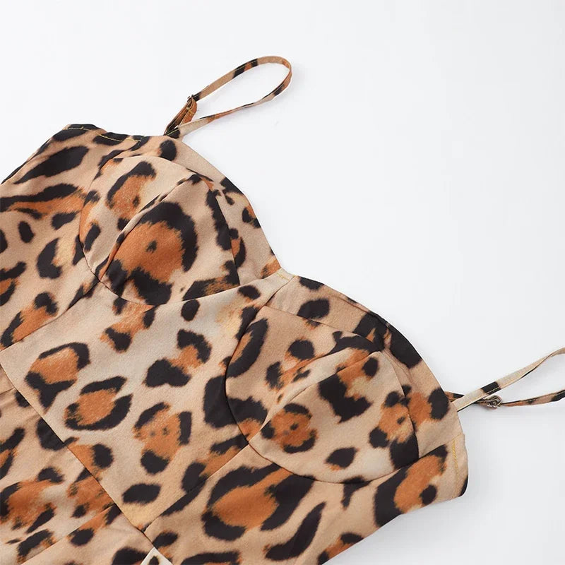 Leopard Print Sleeveless Sling Dress For Women Fashion Chic Backless A Line Dresses 2025 Elegant Female High Street Vestidos