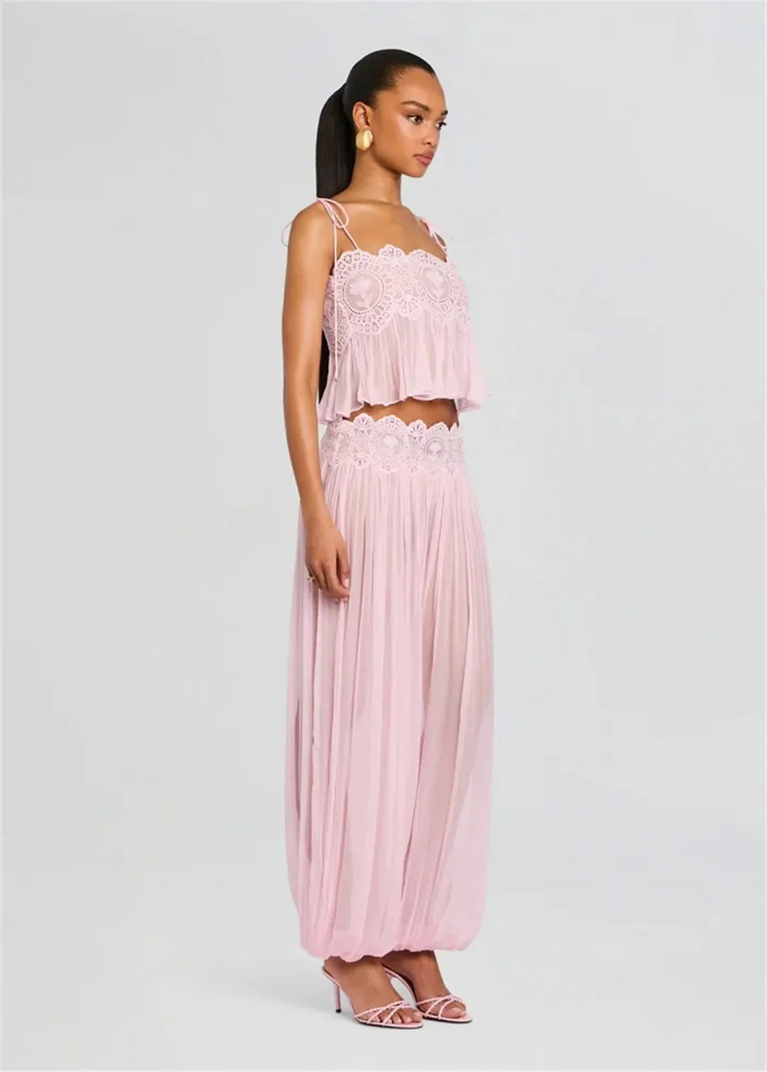 Women's Floral Lace Sheer Tiered Skirt Set 2026 Summer Spaghetti Strap Ruffle Crop Top High Waist Maxi Beach 2 Piece Dress