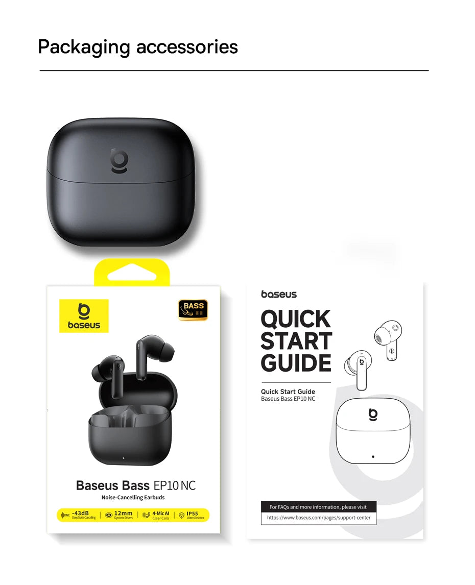 Baseus Bass EP10 NC -43dB Noise Cancelling ANC True Wireless Earbuds Bluetooth 6.0 In-Ear Wireless Earphones 4-Mics ENC Ear buds