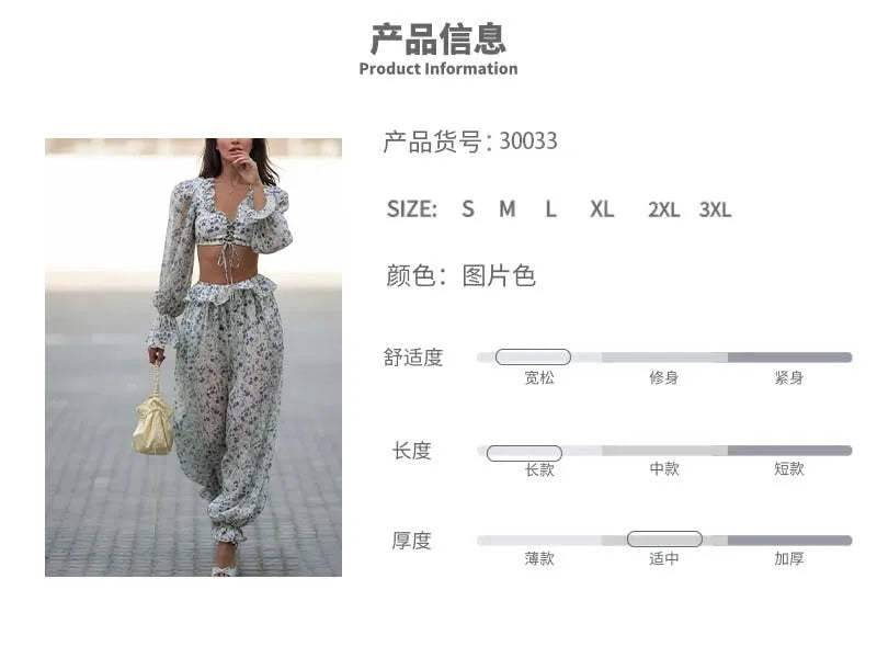Ruffled Trousers Short Tops Two-piece Set Spring Summer Women's Long-sleeved Waist Casual Fashion Trousers Set Костюм Женский
